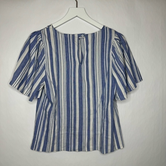 CAbi Linen Blue White Stripe Puff Sleeve Wing Blouse Top - Picture 3 of 4